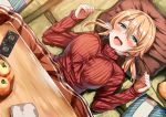  1girl aqua_eyes bangs blonde_hair blush breasts food hair_between_eyes kantai_collection kotatsu large_breasts lolicept long_hair long_sleeves looking_at_viewer low_twintails lying navel on_back open_mouth pillow prinz_eugen_(kantai_collection) red_sweater smile solo sweater table turtleneck turtleneck_sweater twintails under_kotatsu under_table 