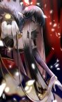  absurdly_long_hair bangs black_dress black_hair breasts bridal_gauntlets chi4co0820 cleavage commentary_request detached_sleeves dress fate/apocrypha fate/grand_order fate_(series) fur_trim highres large_breasts long_dress long_hair looking_at_viewer pointy_ears semiramis_(fate) very_long_hair yellow_eyes 