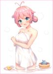  1girl :d absurdres ahoge bangs bare_arms bare_shoulders blue_eyes blush breasts collarbone double_bun eyebrows_visible_through_hair hair_between_eyes hair_flaps head_tilt highres medium_breasts moe naked_towel open_mouth original rubber_duck side_bun smile solo standing torokeru_none towel wading water 