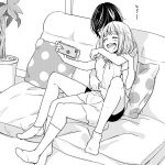  2girls asagao_to_kase-san bangs blush casual cellphone closed_eyes commentary_request couch couple greyscale holding holding_cellphone holding_phone hug hug_from_behind kase_tomoka monochrome multiple_girls official_art open_mouth phone pillow plant polka_dot potted_plant self_shot short_hair short_shorts short_sleeves shorts sitting sitting_on_lap sitting_on_person socks takashima_hiromi yamada_yui yuri 
