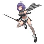 1girl ahoge breasts cleavage covered_navel farleen fingerless_gloves full_body gloves large_breasts looking_at_viewer official_art purple_hair red_eyes scarf short_hair solo star_ocean star_ocean_anamnesis star_ocean_till_the_end_of_time sword thigh-highs transparent_background weapon 