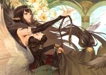  1girl absurdly_long_hair absurdres arch artist_request bird black_dress black_hair breasts bridal_gauntlets carving cleavage dress fate/grand_order fate_(series) fur_trim hand_up highres long_dress long_hair narcissus_(flower) pillar pointy_ears semiramis_(fate) skirt skirt_pull spikes very_long_hair yellow_eyes 