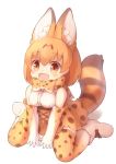  1girl animal_ear_fluff animal_ears bare_shoulders blonde_hair bow bowtie breasts commentary_request elbow_gloves gloves kemono_friends matsuu_(akiomoi) medium_breasts medium_hair open_mouth orange_eyes serval_(kemono_friends) serval_ears serval_print serval_tail shirt skirt solo tail tareme thigh-highs white_shirt zettai_ryouiki 