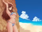  1girl arms_up artist_name beach bikini blue_sky breasts brown_eyes brown_hair clouds commentary commission day eyebrows_visible_through_hair eyes_visible_through_hair kuroonehalf long_hair looking_at_viewer medium_breasts navel o-ring o-ring_top original outdoors rock sky smile solo stomach_tattoo striped striped_bikini swimsuit tattoo 