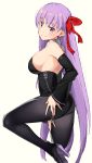  1girl armpits bangs bare_shoulders bb_(fate)_(all) bb_(fate/extra_ccc) black_legwear blush breasts closed_mouth commentary_request corset cowboy_shot detached_sleeves eyebrows_visible_through_hair fate/extra fate/extra_ccc fate_(series) from_side hair_ribbon head_tilt high_heels highres kei_(soundcross) large_breasts leg_up long_hair long_sleeves looking_at_viewer off_shoulder pantyhose purple_hair red_ribbon ribbon simple_background skindentation smile solo standing standing_on_one_leg very_long_hair violet_eyes white_background wide_sleeves 