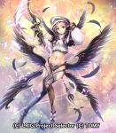  1girl ass_wings black_feathers black_wings breasts brown_eyes crop_top cutout feathered_wings full_body gloves grey_gloves grey_hair grey_pants head_tilt hokuyuu holding_polearm long_hair looking_at_viewer medium_breasts midriff navel pants parted_lips solo stomach wings 