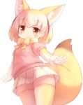  1girl animal_ears blonde_hair blush bow bowtie breast_pocket breasts commentary_request elbow_gloves extra_ears eyebrows_visible_through_hair fennec_(kemono_friends) fox_ears fox_tail fur_trim gloves kemono_friends light_smile matsuu_(akiomoi) multicolored_hair pink_sweater pleated_skirt pocket simple_background skirt small_breasts solo standing sweater tail tareme thigh-highs white_background white_hair white_skirt yellow_legwear yellow_neckwear zettai_ryouiki 