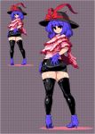  1girl :&gt; bangs black_hat black_legwear black_skirt blue_footwear blue_gloves blue_hair bow checkered checkered_background commentary_request frills from_behind full_body gloves hat hat_bow high_heels looking_at_viewer miniskirt nagae_iku pink_shirt pixel_art red_bow red_eyes shirt shoes skirt standing takorin thigh-highs thighs touhou 