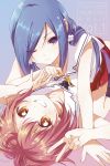  2girls absurdres all_fours asymmetrical_docking blue_hair blush breast_press brown_eyes character_request closed_mouth collarbone expressionless eyebrows_visible_through_hair highres long_hair looking_at_viewer lying multiple_girls namori official_art on_back one_eye_closed parted_lips pink_hair red_skirt release_the_spyce short_hair skirt smile teeth v violet_eyes 