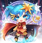  alice_vu ansatsu_kyoushitsu blue_eyes blue_hair boots cape chains chibi full_body hair_ornament highres magic_circle magical_boy outstretched_hand shiota_nagisa short_twintails star star_hair_ornament sun twintails watermark 