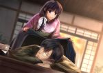  1boy 1girl black_hair blanket book bow brown_eyes brown_hair dutch_angle glasses hair_bow hair_over_shoulder indoors izumi_(stardustalone) japanese_clothes kimono long_hair looking_at_another original pen purple_kimono renri_no_chigiri_wo_kimi_to_shiru sleeping smile white_bow 