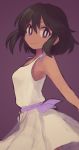  1girl bare_shoulders black_hair commentary_request cowboy_shot dark_skin dress highres idolmaster idolmaster_cinderella_girls looking_at_viewer naname_(fossama1) natalia_(idolmaster) purple_background purple_ribbon ribbon short_hair simple_background smile solo sundress violet_eyes white_dress 