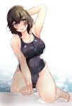  1girl abenattou arm_support arm_up armpits arms_behind_head bangs barefoot black_swimsuit blush breasts brown_eyes brown_hair caesar_(girls_und_panzer) cleavage climbing commentary competition_swimsuit covered_navel eyebrows_visible_through_hair girls_und_panzer head_tilt highleg highleg_swimsuit large_breasts leg_up legs light_frown light_particles lips looking_at_viewer medium_hair one-piece_swimsuit open_mouth pool solo standing swimsuit wet wet_clothes wet_swimsuit 