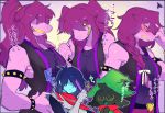  1boy 1girl alternate_hairstyle androgynous anger_vein angry blue_skin blush bracelet braid clenched_hand deltarune embarrassed furry green_hat hat highres jewelry kris_(deltarune) looking_at_viewer medium_hair muscle muscular_female ponytail purple_hair purple_skin ralsei scarf sharp_teeth sleeveless smile spiked_armlet spiked_bracelet spikes susie_(deltarune) suurin_(ksyaro) sweatdrop teeth translation_request twintails undertale 