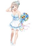  1girl alternate_hairstyle bangs bare_shoulders blue_eyes blush bouquet bow bracelet breasts cleavage collarbone dress eyebrows_visible_through_hair floral_print flower full_body grey_hair hair_between_eyes hair_bun hair_flower hair_ornament jewelry looking_at_viewer love_live! love_live!_sunshine!! medium_breasts one_eye_closed ribbon salute simple_background smile solo strapless strapless_dress suzume_miku watanabe_you white_background white_footwear 