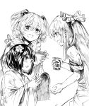  3girls absurdres apron aritsuno bell bow calligraphy_brush can checkered commentary_request flower fujiwara_no_mokou greyscale hair_bell hair_bow hair_flower hair_ornament hieda_no_akyuu highres holding holding_can japanese_clothes jingle_bell kimono long_hair long_sleeves monochrome motoori_kosuzu multiple_girls open_mouth paintbrush pants scroll shirt short_sleeves smile touhou wide_sleeves writing 