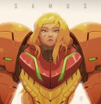  1girl backlighting bangs blonde_hair blood character_name cuts green_eyes hair_down injury joakim_sandberg lips long_hair looking_at_viewer metroid mole mole_under_mouth nintendo no_headwear no_helmet nose power_armor power_suit samus_aran solo super_metroid swept_bangs varia_suit very_long_hair white_background you_gonna_get_raped 