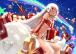  1girl altera_(fate) altera_the_santa animal bangs bare_shoulders blush box breasts choker dark_skin detached_sleeves earmuffs eyebrows_visible_through_hair fate/grand_order fate_(series) full_body_tattoo gift gift_box gloves highres legs light_rays looking_at_viewer midriff navel night night_sky open_mouth outdoors photon_ray red_eyes revealing_clothes sheep short_hair sky small_breasts snow solo tattoo thighs tsuuhan veil white_gloves white_hair 