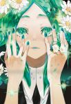  1other absurdres androgynous colored_eyelashes crystal_hair daisy flower flower_ring gem_uniform_(houseki_no_kuni) green_eyes green_hair highres houseki_no_kuni looking_at_viewer necktie phosphophyllite short_hair smile solo sparkle upper_body 