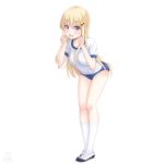  1girl :d absurdres blonde_hair blush buruma clenched_hand dated gym_uniform hair_ornament hairclip hands_up highres kneehighs leaning_forward long_hair open_mouth original pruple_eyes sainohikari shoes simple_background smile solo standing uwabaki white_background white_legwear 