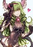  1girl ;) animal_ears c.c. catharine_(granblue_fantasy) catharine_(granblue_fantasy)_(cosplay) catherine_(granblue_fantasy) code_geass commentary_request cosplay creayus drill_hair erune granblue_fantasy green_hair heart long_hair looking_at_viewer one_eye_closed parted_lips simple_background smile solo weapon yellow_eyes 