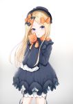  1girl abigail_williams_(fate/grand_order) absurdres bangs black_bow black_dress black_hat blonde_hair bloomers blue_eyes blush bow bug butterfly commentary_request dress eyebrows_visible_through_hair fate/grand_order fate_(series) forehead gradient gradient_background grey_background hair_bow hands_up hat head_tilt highres holding holding_stuffed_animal insect kimidori3_karla long_hair long_sleeves looking_at_viewer orange_bow parted_bangs parted_lips polka_dot polka_dot_bow sleeves_past_fingers sleeves_past_wrists solo stuffed_animal stuffed_toy teddy_bear underwear very_long_hair white_background white_bloomers 