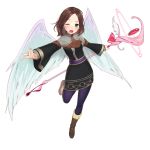  1girl boots brown_hair chloe_(star_ocean) feathered_wings green_eyes long_hair official_art one_eye_closed open_mouth solo staff star_ocean star_ocean_anamnesis thigh-highs transparent_background wings 