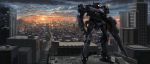  absurdres armored_core building city_below city_lights cityscape clouds cloudy_sky commentary_request glowing glowing_eye gun havocx highres holding holding_gun holding_weapon mecha no_humans rifle road scenery sky standing street sunset weapon 