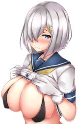  1girl bikini bikini_under_clothes black_bikini blue_eyes blush breasts closed_mouth collarbone embarrassed frown gloves hair_ornament hair_over_one_eye hairclip hamakaze_(kantai_collection) highres kantai_collection large_breasts lifted_by_self looking_at_viewer micro_bikini sailor_collar shirt_lift short_hair short_sleeves silver_hair simple_background solo swimsuit terakoya upper_body white_background white_gloves 