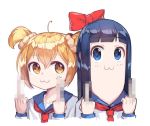  2girls :3 anger_vein bangs blonde_hair blue_eyes blue_hair blush bow censored collarbone hair_between_eyes hair_bow long_hair looking_at_viewer middle_finger mosaic_censoring multiple_girls neckerchief newey no_nose pipimi poptepipic popuko red_bow school_uniform scrunchie serafuku short_hair short_twintails twintails upper_body yellow_eyes 