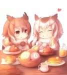  2girls bangs bowl brown_eyes brown_hair butter chewing closed_eyes coat cup curry drinking_glass eating eurasian_eagle_owl_(kemono_friends) eyebrows_visible_through_hair food food_on_face food_request fur_trim gloves hand_on_own_face heart holding holding_food holding_spoon ice ice_cube japari_bun kemono_friends looking_at_another matsuu_(akiomoi) medium_hair multicolored_hair multiple_girls napkin northern_white-faced_owl_(kemono_friends) pancake pitcher pom_pom_(clothes) pom_poms sitting spoon straw table white_background white_hair yellow_gloves 