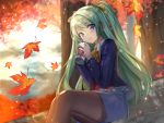  :d autumn_leaves blue_eyes blue_jacket blue_skirt blush brown_legwear coffee copyright_request cup day drink fuupu green_hair highres holding holding_cup jacket long_hair official_art open_mouth outdoors pantyhose pencil_skirt ponytail sitting skirt smile tree very_long_hair vest yellow_neckwear 