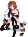  1girl alternate_costume apron black_legwear breasts brown_eyes brown_hair collarbone full_body hair_flaps hairband kantai_collection kujou_ichiso long_skirt medium_breasts official_art open_mouth potato red_hairband remodel_(kantai_collection) shiratsuyu_(kantai_collection) short_hair skirt smoke torn_clothes transparent_background turret twintails 