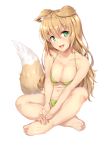  1girl :d animal_ear_fluff animal_ears bangs bare_arms bare_legs bare_shoulders barefoot bikini blush breasts cleavage collarbone dog_ears dog_girl dog_tail eyebrows_visible_through_hair fingernails full_body green_bikini green_eyes hair_between_eyes halter_top halterneck head_tilt light_brown_hair long_hair looking_at_viewer medium_breasts nakatokung navel open_mouth original simple_background sitting smile solo swimsuit tail toenails very_long_hair white_background 