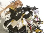  3girls artist_request brown_hair cigarette face_mask fingerless_gloves firing girls_frontline gloves grey_hair gun h&amp;k_ump headphones headphones_around_neck heckler_&amp;_koch highres kriss_vector mask multiple_girls purple_hair signature submachine_gun thompson_submachine_gun thompson_submachine_gun_(girls_frontline) twintails ump9_(girls_frontline) vector_(girls_frontline) weapon 