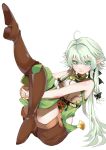  1girl ahoge bare_arms bare_shoulders black_bow blaze_(artist) boots bow brown_shorts cloak elf full_body goblin_slayer! green_eyes green_hair hair_bow high_elf_archer_(goblin_slayer!) highres hip_vent hood hooded_cloak interlocked_fingers leg_up long_hair looking_at_viewer low_ponytail pointy_ears shorts sidelocks simple_background sleeveless smile solo thigh-highs thigh_boots white_background 
