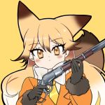  1girl animal_ears black_gloves blonde_hair bow bowtie brown_hair commentary_request extra_ears eyebrows_visible_through_hair ezo_red_fox_(kemono_friends) fox_ears fox_tail fur-trimmed_sleeves fur_trim gloves gradient_hair gun hair_between_eyes ieneko jacket kemono_friends long_hair long_sleeves looking_at_viewer multicolored_hair necktie orange_jacket rifle simple_background solo tail upper_body weapon white_neckwear yellow_background yellow_eyes yellow_neckwear 