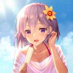  1girl :d adjusting_hair collarbone fate/grand_order fate_(series) flower food hair_between_eyes hair_flower hair_ornament halterneck haru_(hiyori-kohal) holding holding_food ice_cream looking_at_viewer mash_kyrielight open_mouth pink_hair shiny shiny_hair shirt short_hair short_sleeves smile solo upper_body violet_eyes wet wet_clothes wet_shirt white_shirt yellow_flower 