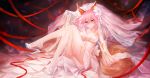  1girl animal_ear_fluff animal_ears bare_shoulders blush breasts cleavage closed_mouth detached_sleeves dress fate/extra fate_(series) fox_ears fox_tail hair_between_eyes halterneck high_heels highres large_breasts legs_crossed pink_hair revealing_clothes see-through sitting solo tail tamamo_(fate)_(all) tamamo_no_mae_(fate) thigh-highs veil white_dress yellow_eyes zhuore_zhi_hen 