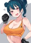 1girl arm_up bangs bare_shoulders blue_hair boxing_gloves breasts cleavage eyebrows_visible_through_hair hair_bun hand_on_hip heart highres long_hair love_live! love_live!_sunshine!! navel open_mouth orange_sports_bra ponytail side_bun simple_background smile sports_bra sweat tem10 tomboy tooth tsushima_yoshiko two-tone_background upper_body violet_eyes