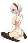 1girl artist_name ass back black_blindfold black_hairband black_legwear blindfold closed_mouth covered_eyes gloves hairband highres looking_back nier_(series) nier_automata ryu_seung short_hair solo white_background white_hair yorha_no._2_type_b 
