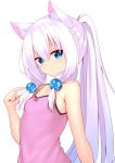  1girl animal_ear_fluff animal_ears armpit_crease bangs bare_arms bare_shoulders blue_eyes breasts camisole closed_mouth expressionless hair_between_eyes hair_ornament hand_up highres long_hair looking_at_viewer mahcdai original pink_shirt ponytail shirt sidelocks simple_background slit_pupils small_breasts solo upper_body very_long_hair white_background white_hair 