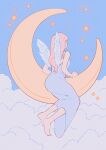  1girl absurdres barefoot blue_sky clouds dress feathered_wings from_behind highres long_hair meyoco original pink_hair purple_dress sky solo star_(symbol) white_wings wings 