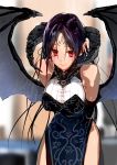  1girl arms_behind_back bangs bare_shoulders black_hair black_wings blurry blurry_background blush bob_(biyonbiyon) breasts cleavage commentary demon_girl demon_horns demon_tail demon_wings dress facial_mark gloves highres horns large_breasts leaning_forward long_hair looking_at_viewer original parted_bangs parted_lips pelvic_curtain red_eyes side_slit sidelocks sleeveless sleeveless_dress smile solo tail very_long_hair wings 