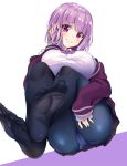  1girl ass breasts feet hand_in_hair hinata_sora large_breasts looking_at_viewer looking_down panties panties_under_pantyhose pantyhose purple_hair raised_eyebrows shinjou_akane simple_background sitting skirt smile soles solo ssss.gridman thighs toes underwear violet_eyes white_background 