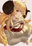  1girl absurdres adapted_costume ahoge anila_(granblue_fantasy) blonde_hair breasts cleavage detached_collar draph eyebrows_visible_through_hair fur_trim granblue_fantasy highres horns large_breasts long_hair maou_(maoudaisukiya) open_mouth ribbed_sweater sheep_horns simple_background sketch sleeves_past_wrists solo sweater thick_eyebrows turtleneck turtleneck_sweater upper_body yellow_eyes 