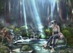  1girl ainu ainu_clothes antlers bandage bandanna bare_shoulders barefoot blue_eyes breasts commentary_request deer dress drinking folded_ponytail forest hair_between_eyes headband kamoi_(kantai_collection) kantai_collection large_breasts nature pelvic_curtain revealing_clothes rock scenery side_slit sideboob sidelocks signature silver_hair sitting sleeveless sleeveless_dress soaking_feet splashing sunlight thigh-highs thighs tree water white_dress white_hair wrist_guards yamatoshi 