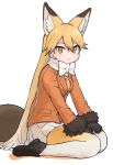  1girl animal_ears bow bowtie coat extra_ears ezo_red_fox_(kemono_friends) fox_ears fox_tail full_body fur_trim gloves gradient_hair hands_on_lap kemono_friends long_hair long_sleeves looking_at_viewer multicolored_hair necktie orange_eyes orange_hair pantyhose pleated_skirt rumenia_(ao2is) seiza sitting skirt solo tail very_long_hair white_background 