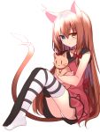  1girl :3 animal animal_ears ass bangs bell black_legwear blue_eyes blush bow brown_hair cat cat_ears cat_tail closed_mouth collarbone dress expressionless eyebrows_visible_through_hair full_body hair_between_eyes hair_bow heterochromia hug jingle_bell knees_up long_hair looking_at_viewer mahcdai mismatched_legwear original panties red_bow red_dress sidelocks simple_background sitting sleeveless slit_pupils solo striped striped_legwear tail thigh-highs underwear very_long_hair white_background white_legwear white_panties yellow_eyes |_| 