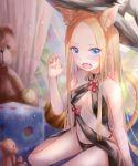  1girl abigail_williams_(fate/grand_order) animal_ear_fluff animal_ears bangs bare_arms bare_shoulders black_hat black_panties blonde_hair blue_eyes blue_sky blush bow breasts cat_ears cat_girl cat_tail claw_pose commentary_request curtains day fang fate/grand_order fate_(series) fingernails forehead hand_up hat highres indoors kemonomimi_mode long_hair looking_at_viewer medium_breasts open_mouth panties parted_bangs red_bow sanka_tan sitting sky solo stuffed_animal stuffed_toy tail teddy_bear underwear very_long_hair window witch_hat 